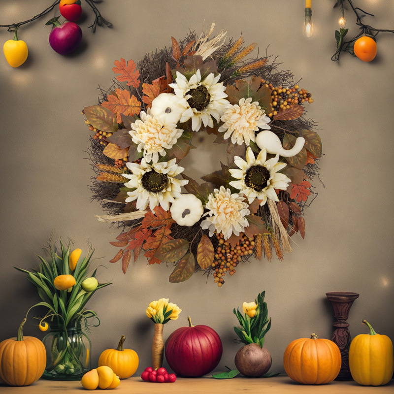 Cross-border autumn Thanksgiving white pumpkin wreath, Harvest Festival Sunflower Maple Leaf wreath decoration, door hanging ornaments pic 4
