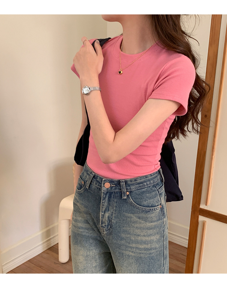 European and American style ribbed off-the-shoulder T-shirt for women, new summer style, slimming and figure-hugging, round-neck, layering short base layer pic 10