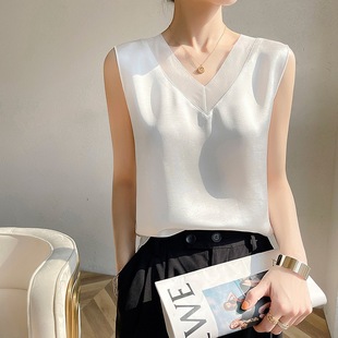 夏季女装上衣新款短袖女式冰丝针织T恤女V领t恤拼色宽松一件代发详情14