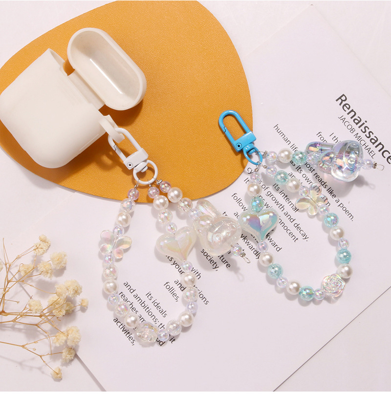 New translucent rabbit figurine keychain pendant, cute glitter pink heart burst bead chain accessory, headphone case decoration pic 10