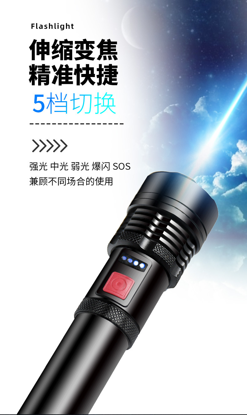 新款跨境P50LED手电筒电量显示多功能调焦可充电远射户外手电批发 pic 2