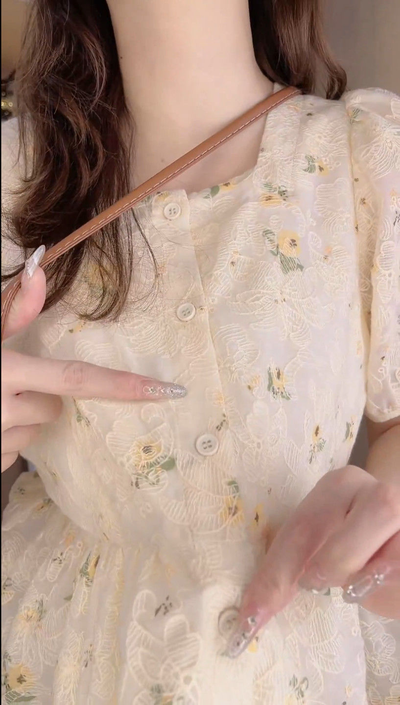 夏季新款方领碎花短袖衬衫女设计感小众洋气百搭泡泡袖别致上衣详情23