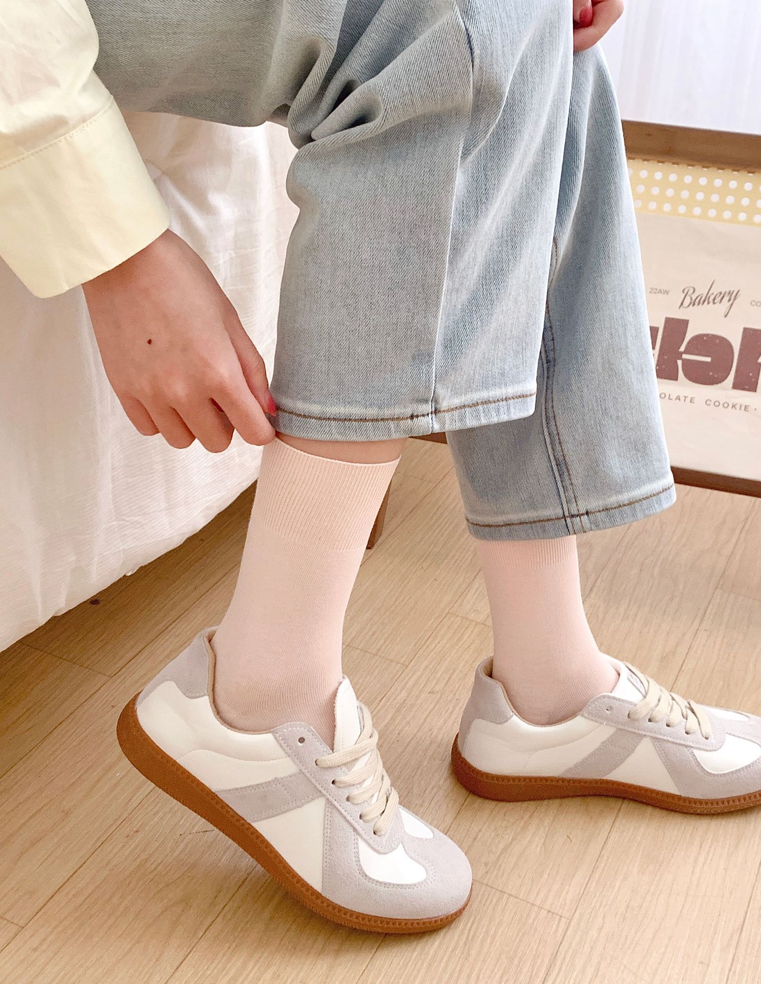 夏天女生袜子无骨堆堆月子袜日系马卡龙色松口春夏薄款简约中筒袜详情15