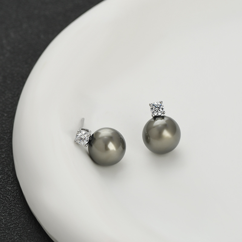 高级感简约浅灰色玻璃珍珠微镶锆石S925银针百搭耳钉气质耳饰耳环详情11