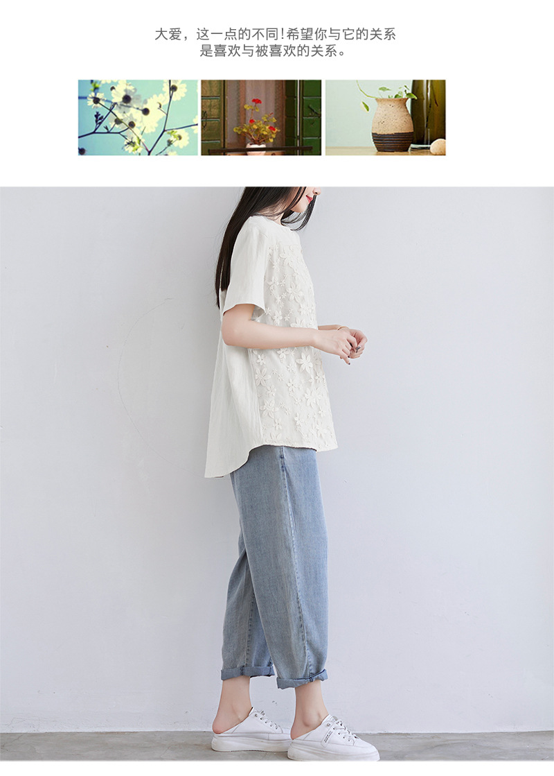 2022夏季新款速卖通欧美女装蕾丝刺绣短袖衬衫宽松女士上衣T恤详情30