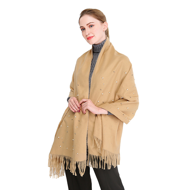 欧美热销 新款秋冬仿羊绒纯色刺毛钉珠披肩加厚保暖流苏女士围巾详情6