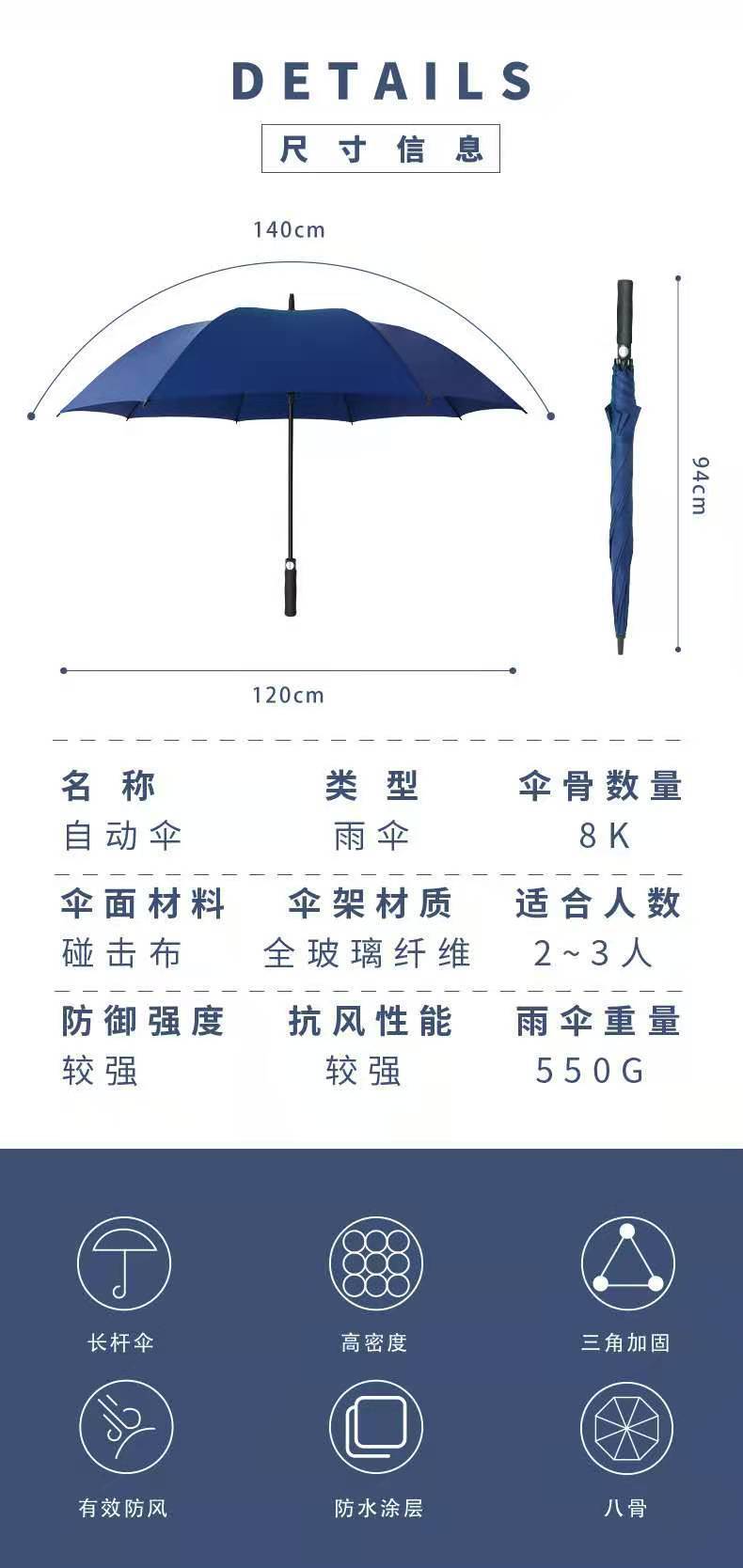 雨伞批发个性长杆高尔夫遮阳伞防紫外线大号太阳伞手动8k半自动伞详情6