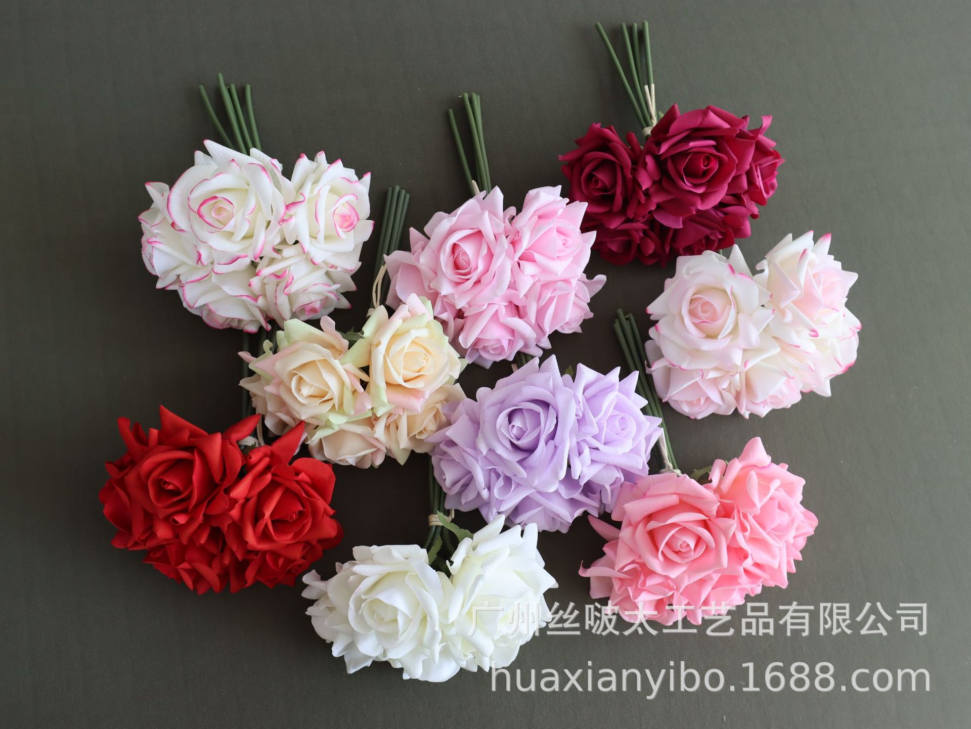 高端保湿手感仿真花5头卷边玫瑰假花束婚庆手捧湿感塑料装饰批发详情3