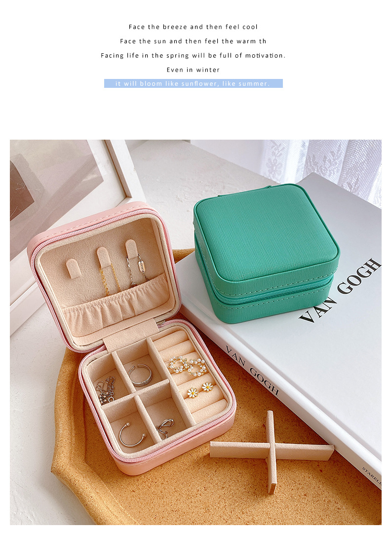 Simple and portable palm jewelry box, European and American ring and earring storage box, zipper flip cover travel trinket box pic 3