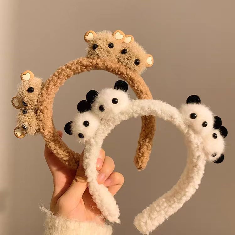 New plush panda face wash headband, cute cartoon bear hair band, fluffy autumn and winter hair clips, headwear, ceiling lamp, creative design style pic 3