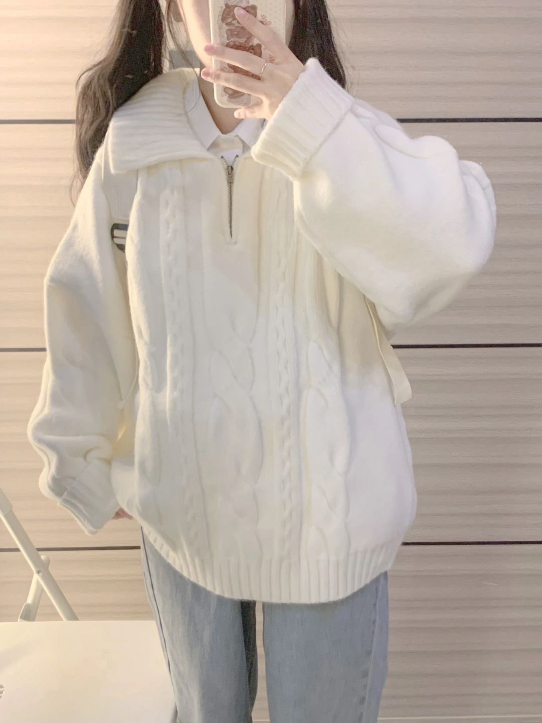 polo领白色毛衣女春秋季2024新款小个子日系慵懒风复古厚外套详情4