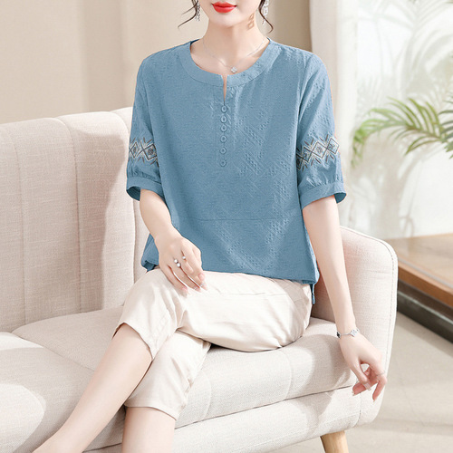 中年妈妈夏装棉麻套装洋气2024新款中老年女夏季短袖衬衫上衣薄款详情4