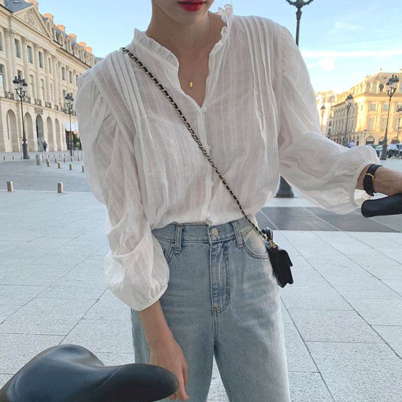 小清新木耳边甜美少女法式娃娃衬衫女2024春夏新款韩版宫廷风衬衣详情5