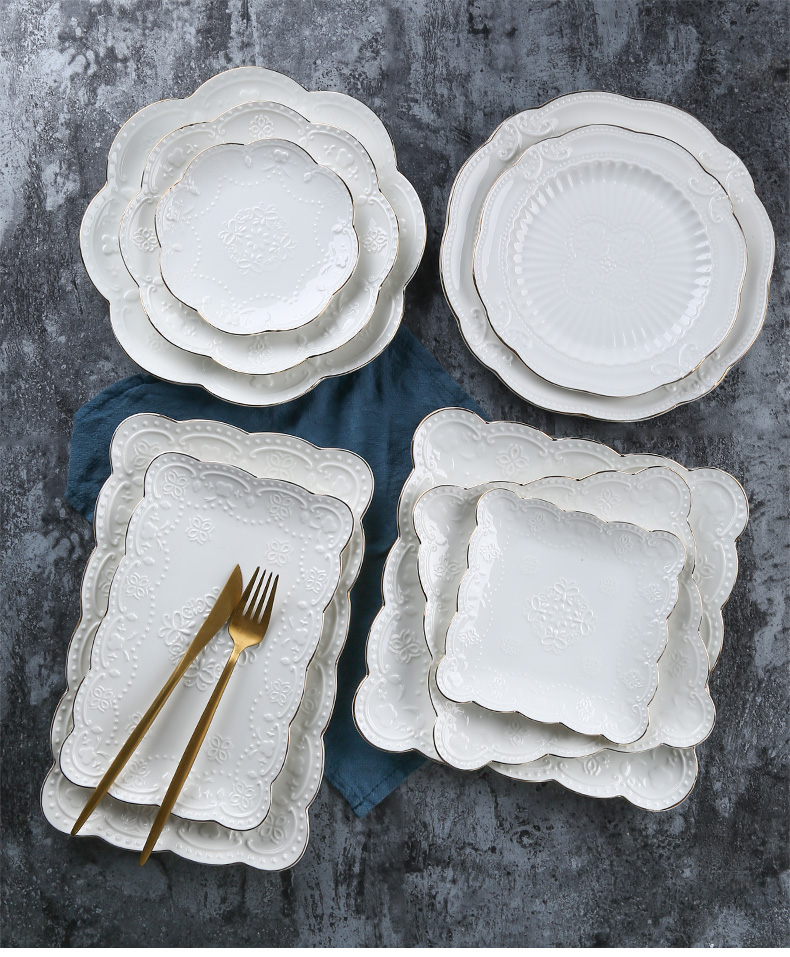 欧式浮雕蝴蝶宫廷手绘描金边陶瓷骨瓷圆盘子正方蛋糕碟西餐牛排盘详情1