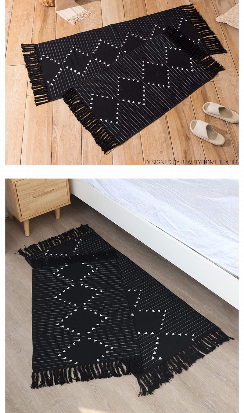 Cotton thread woven cut flower carpet, ethnic-style floor mat for home living room, simple bedroom bed and front of bed tassel foot mat pic 6