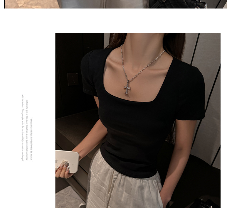 夏季纯棉方领辣妹正肩短袖t恤女式修身显瘦高级感韩系女装T恤上衣详情21