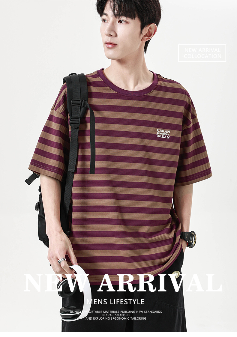 古川男装|2024夏季新款提花条纹短袖男宽松圆领套图百搭学生半袖详情1