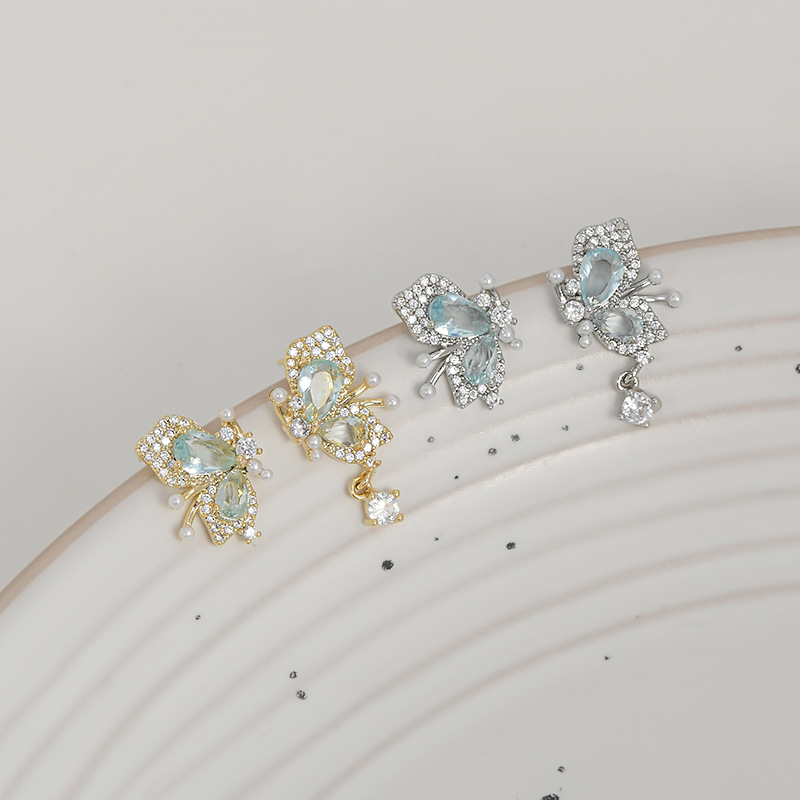 韩国东大门气质耳钉女S925银针高级感满钻蝴蝶结吊坠耳饰轻奢耳环详情2