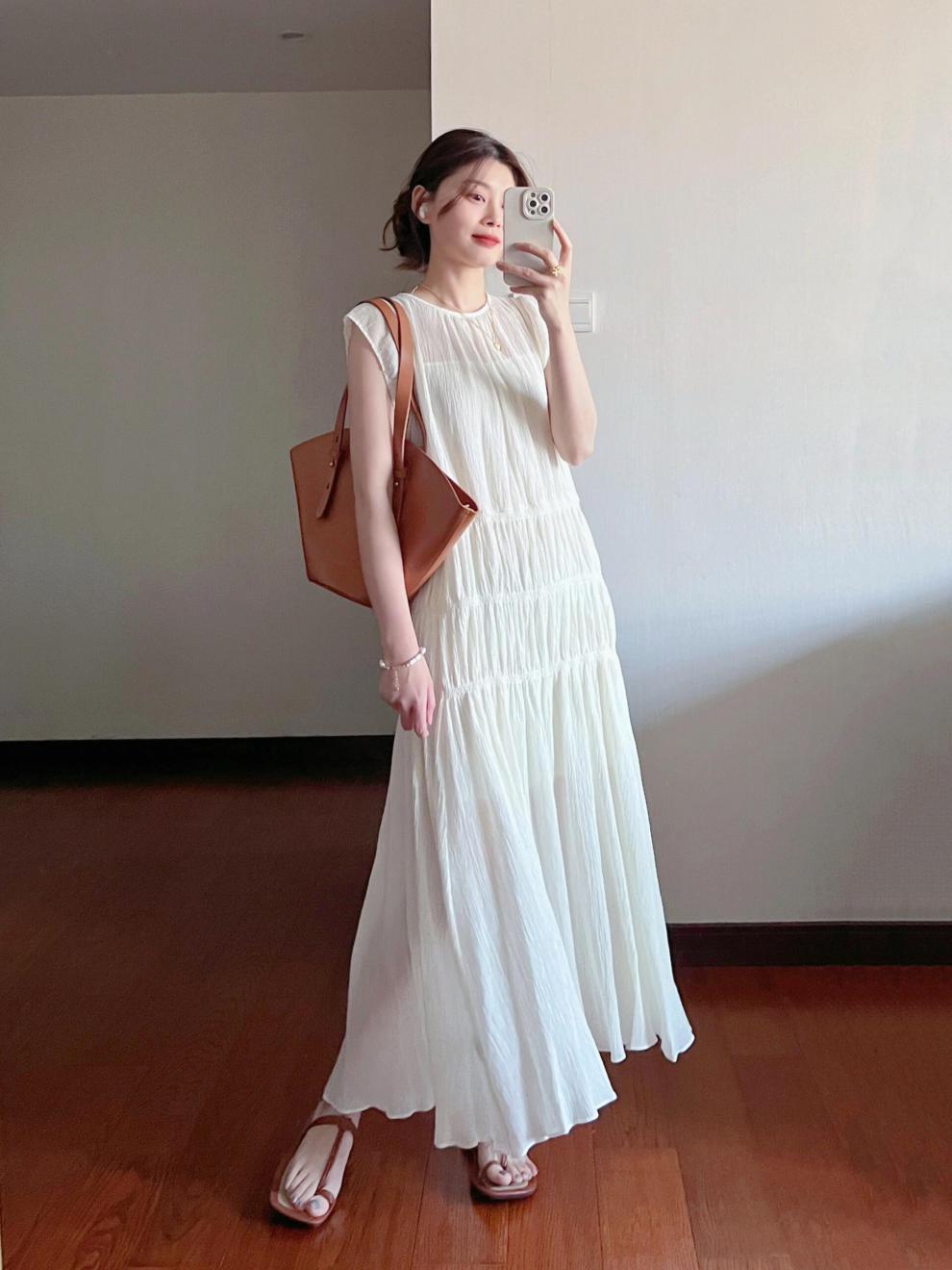 法式温柔褶皱肌理仙气小飞袖连衣裙女夏季新款慵懒风无袖长裙详情1