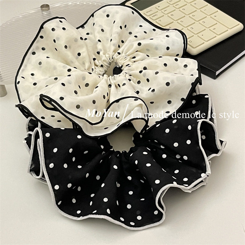 Double-layer white large polka dot large intestine hair band, elegant retro edge hair tie, French simple and elegant hair flower hair tie pic 18