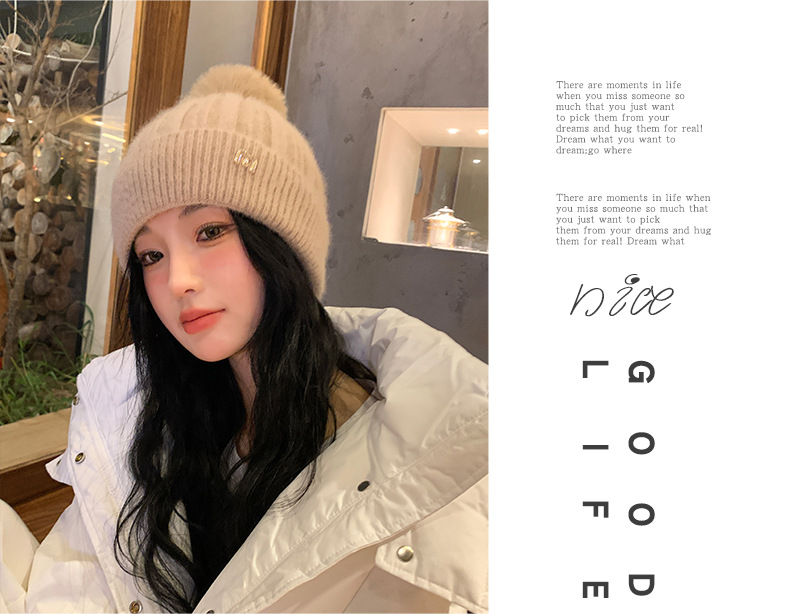 新款秋冬季针织毛球显脸小套头帽户外加绒保暖女甜美护耳毛线帽子详情15
