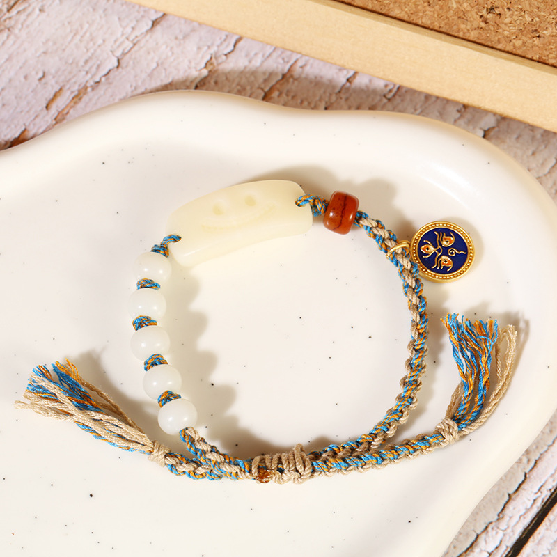Ethnic-style hand-woven camel bone bracelet, cute little cat fox bracelet, retro Chinese trend smiling face cultural and artistic bracelet pic 8
