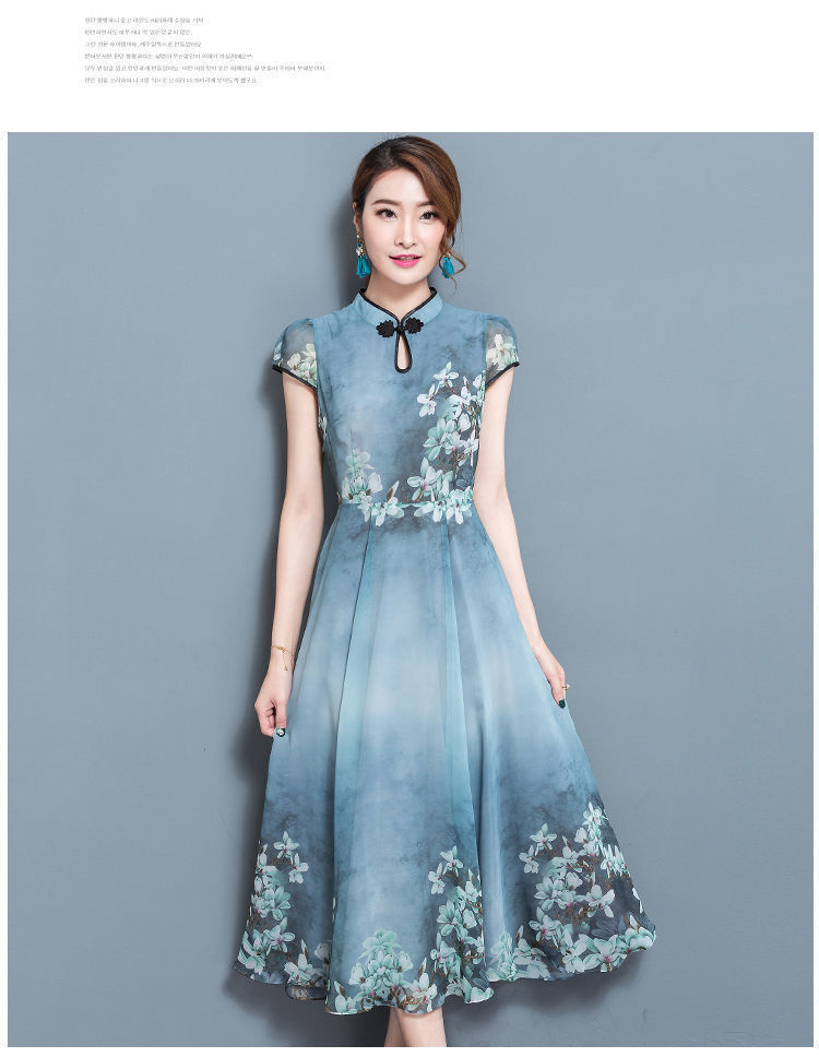 定制批发新款2021夏修身印花复古连衣裙立领显瘦仿冰丝长裙大摆裙详情8