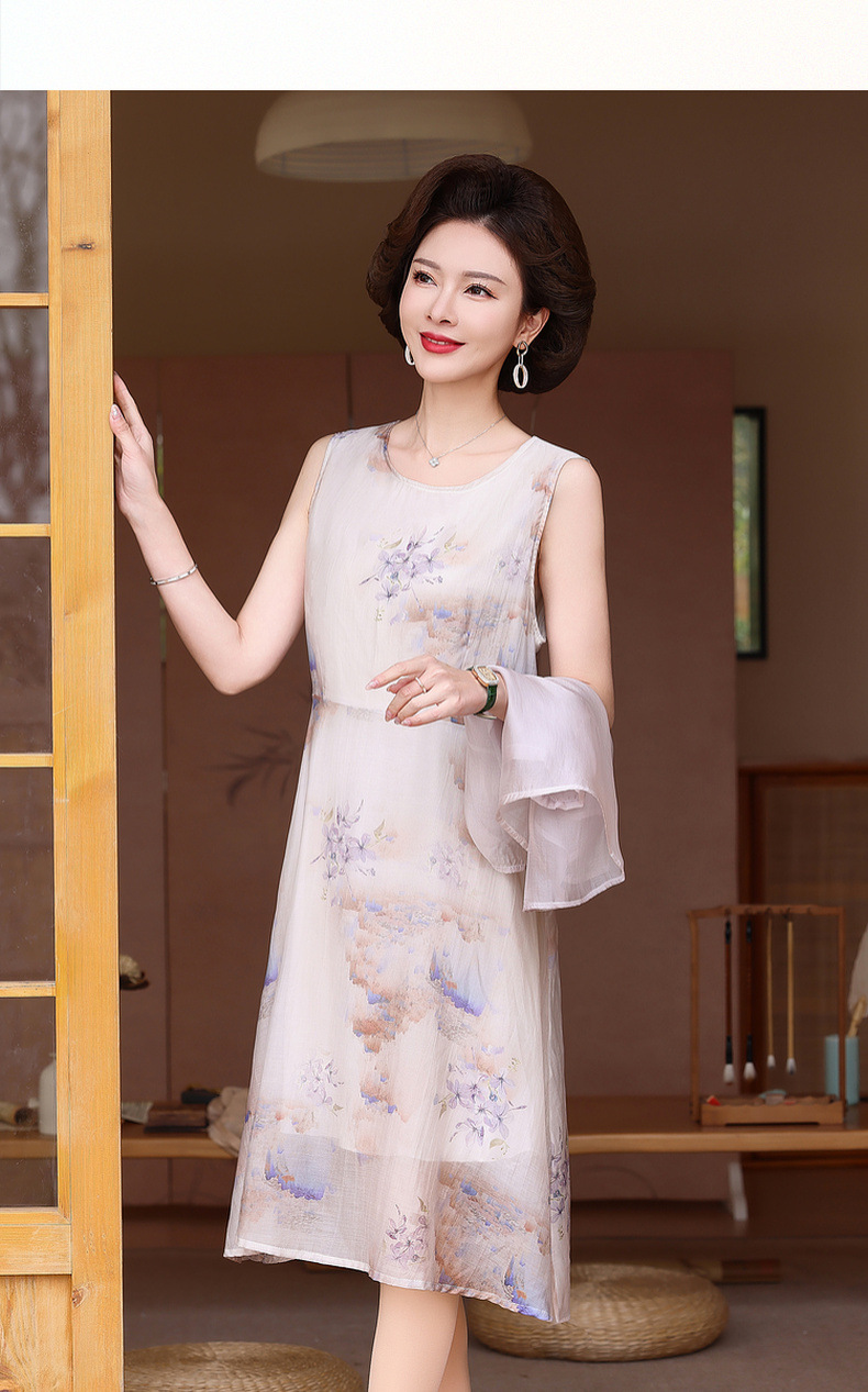 年轻妈妈装时尚两件套连衣裙40岁50中老年女士气质遮肚薄雪纺裙子详情13