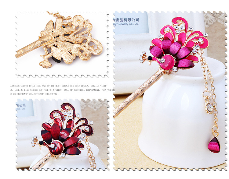 国潮系列玫瑰金孔雀民族风合金镶钻发簪 滴油复古风簪子流苏步摇发饰厂家直销详情25