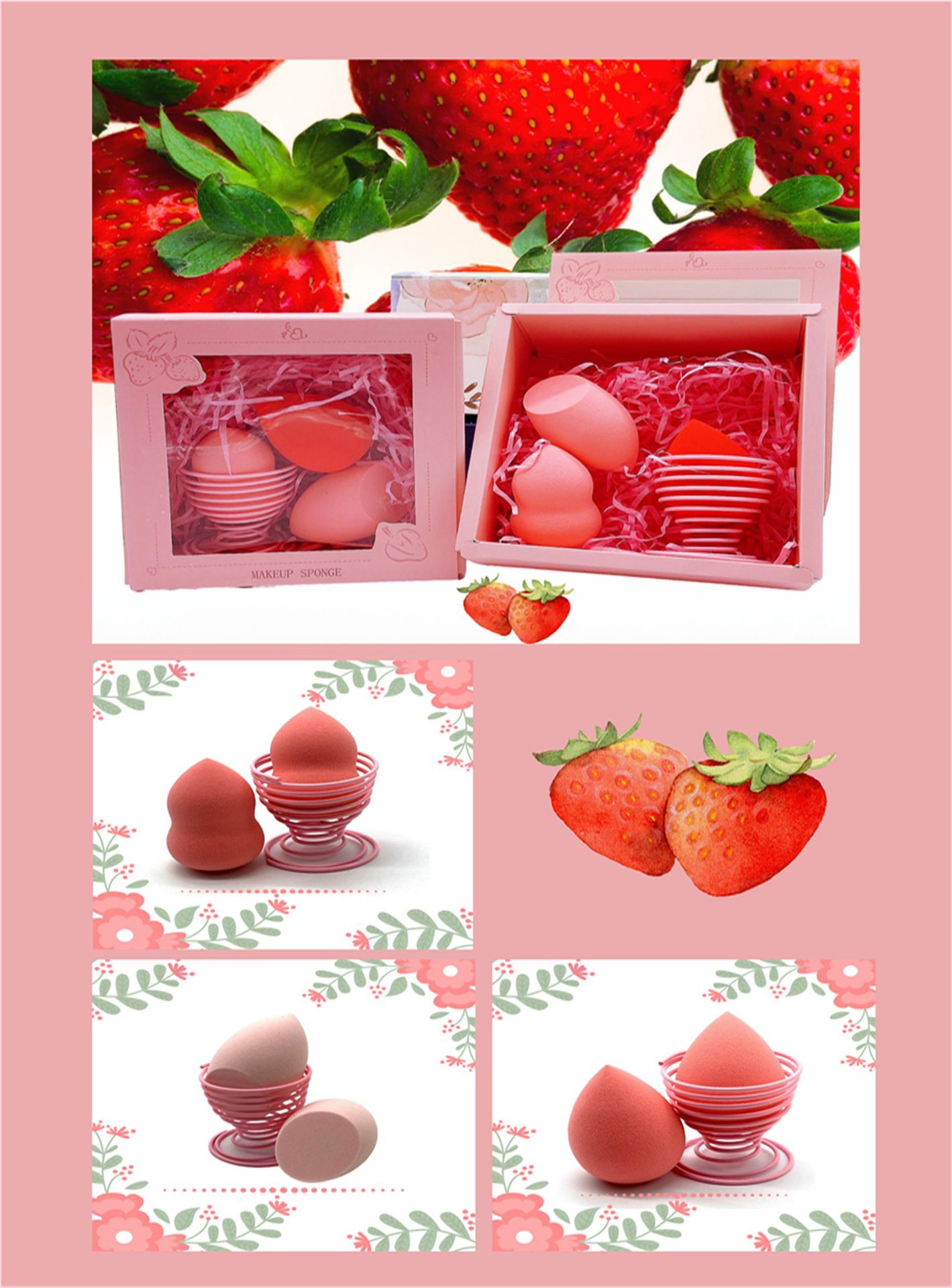 Factory direct sales strawberry pink fruit series gourd water drop diagonal Cut 3-piece beauty egg powder puff gift set pic 6