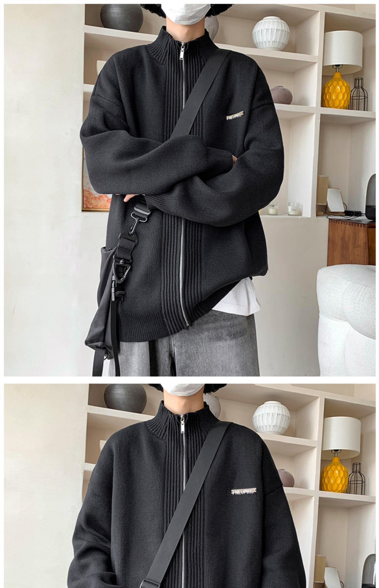Laid-back style zipper sweater for men, autumn and winter American stand-up collar cardigan, loose trendy couple knitted sweater, casual coat pic 26
