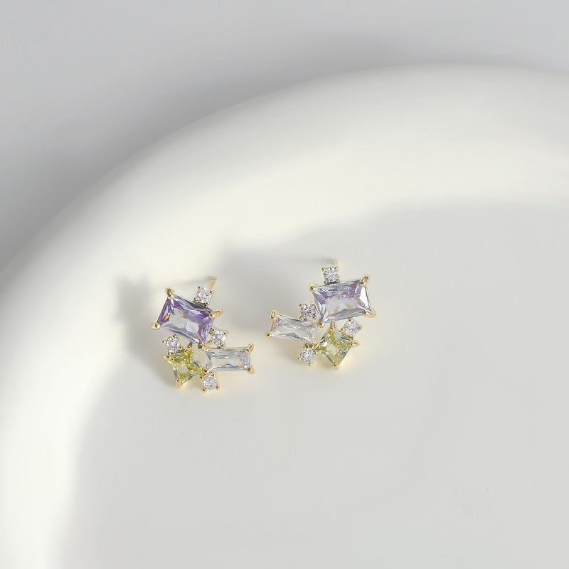 S925银针韩版时尚镶锆石耳钉女小众设计感方糖耳饰甜美风学生耳坠详情7