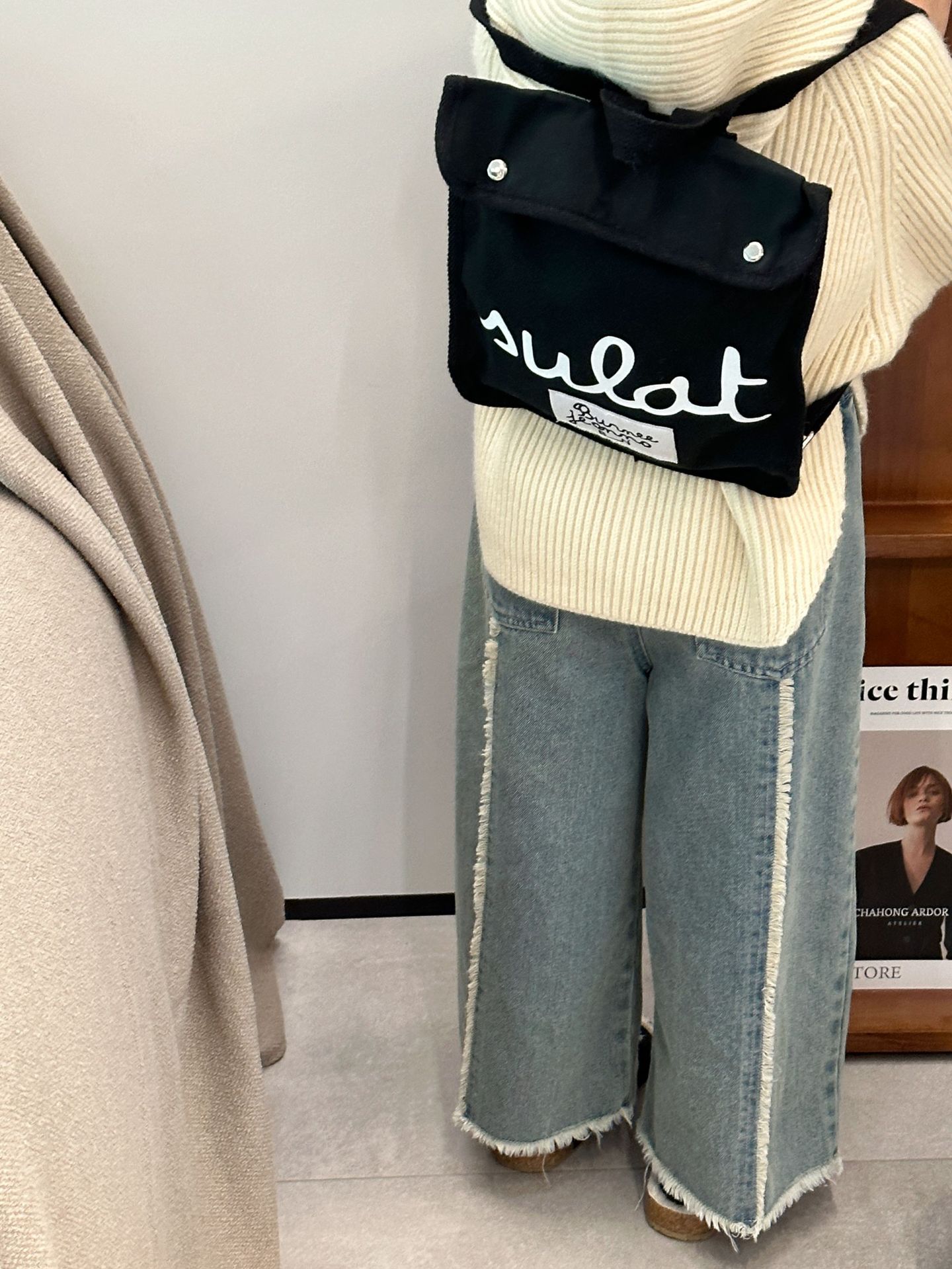 女童秋装套装2023新款元气女孩毛纱外套洋气时髦儿童牛仔阔腿裤潮详情4