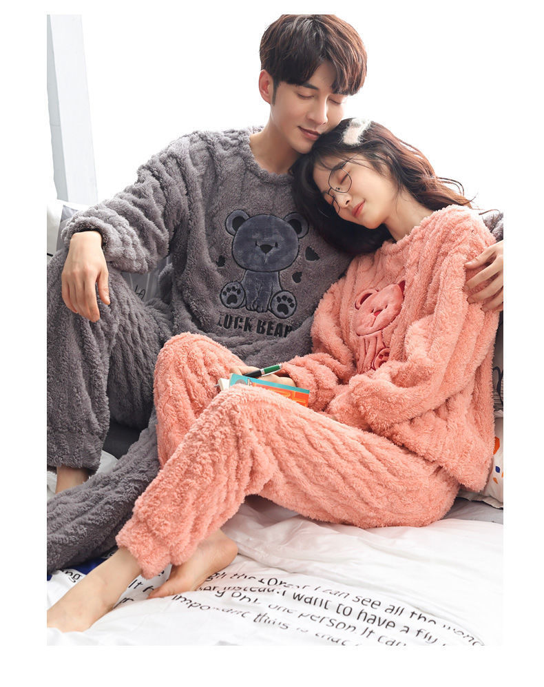 2套价 冬季女秋冬珊瑚绒加绒加厚法兰绒男家居服详情4