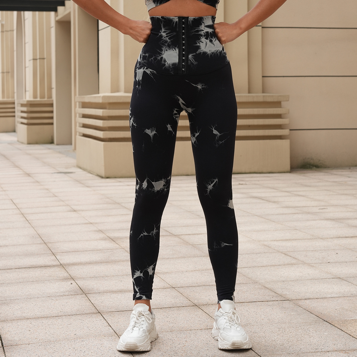 新品无缝扎染瑜伽裤高腰收腹排扣紧身裤提臀健身裤跑步塑身运动裤详情8