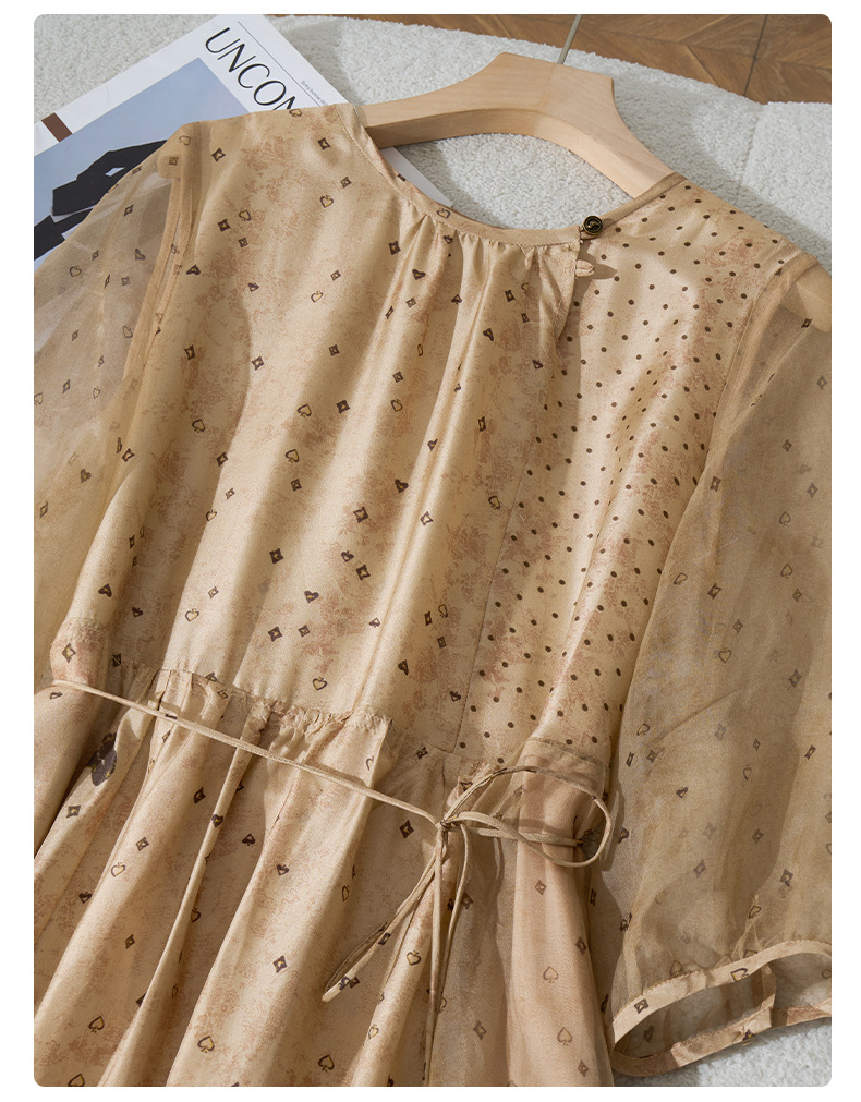 荣太设计师定染黑桃印花真丝连衣裙女拼接欧根纱桑蚕丝裙子系带详情34