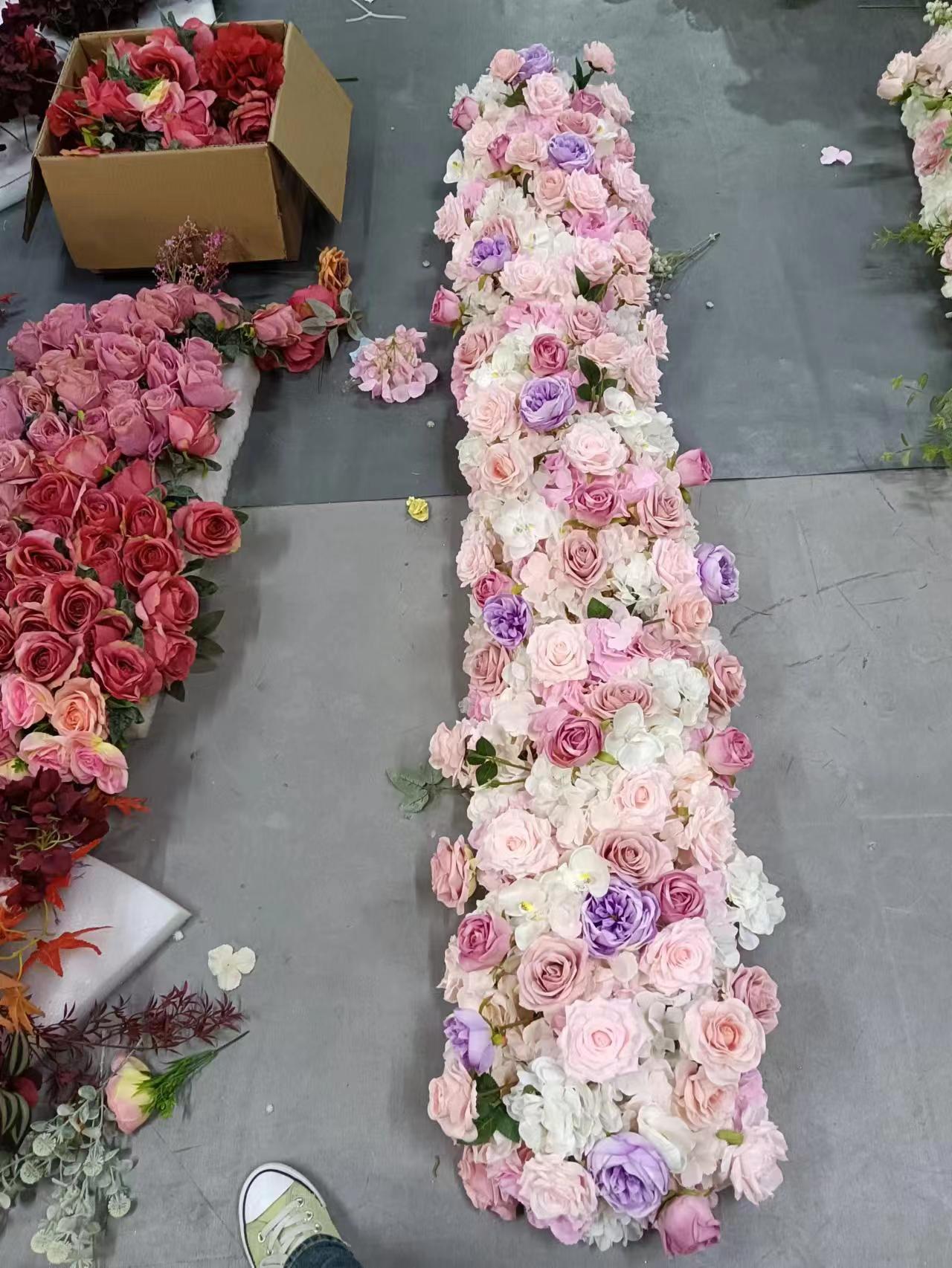 跨境粉色紫色长条桌花花艺 酒店婚礼宴会节日橱窗装饰假花仿真花详情8