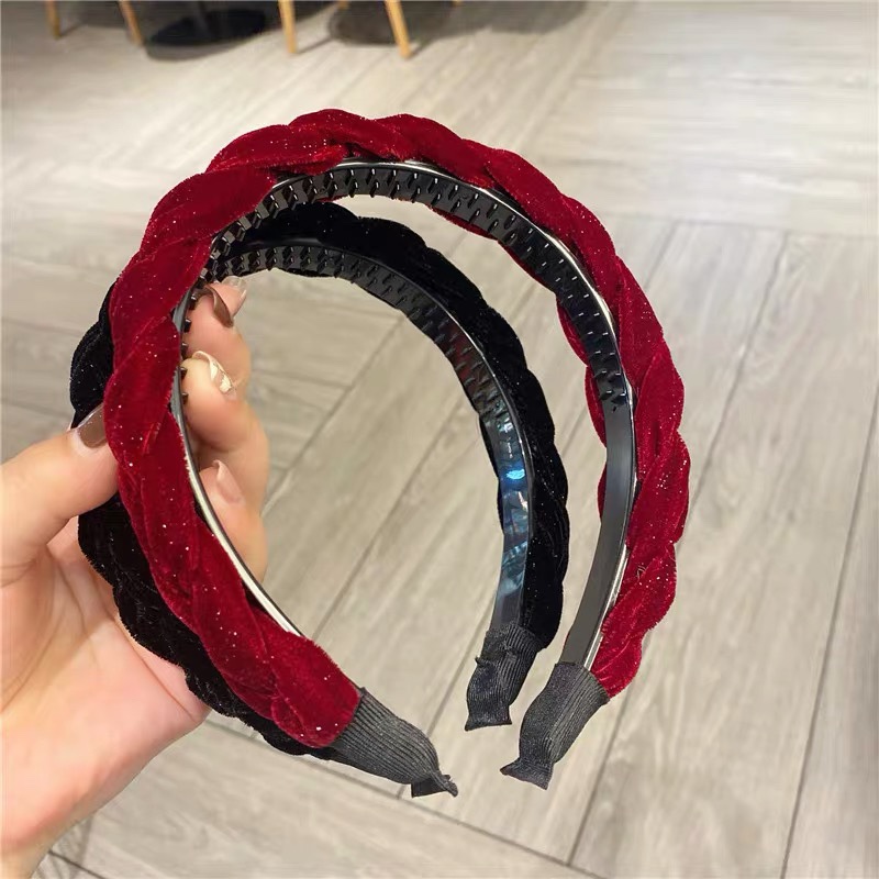 麻花手工编织发箍韩国复古金丝绒发卡高颅顶发窟带齿防滑简约气质详情4