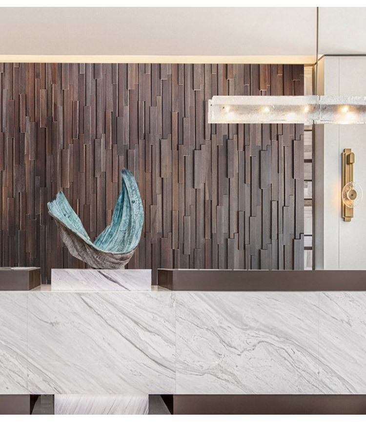 原木马赛克电视背景墙民宿形象墙装饰黑胡桃色凹凸立体实木条细条详情12