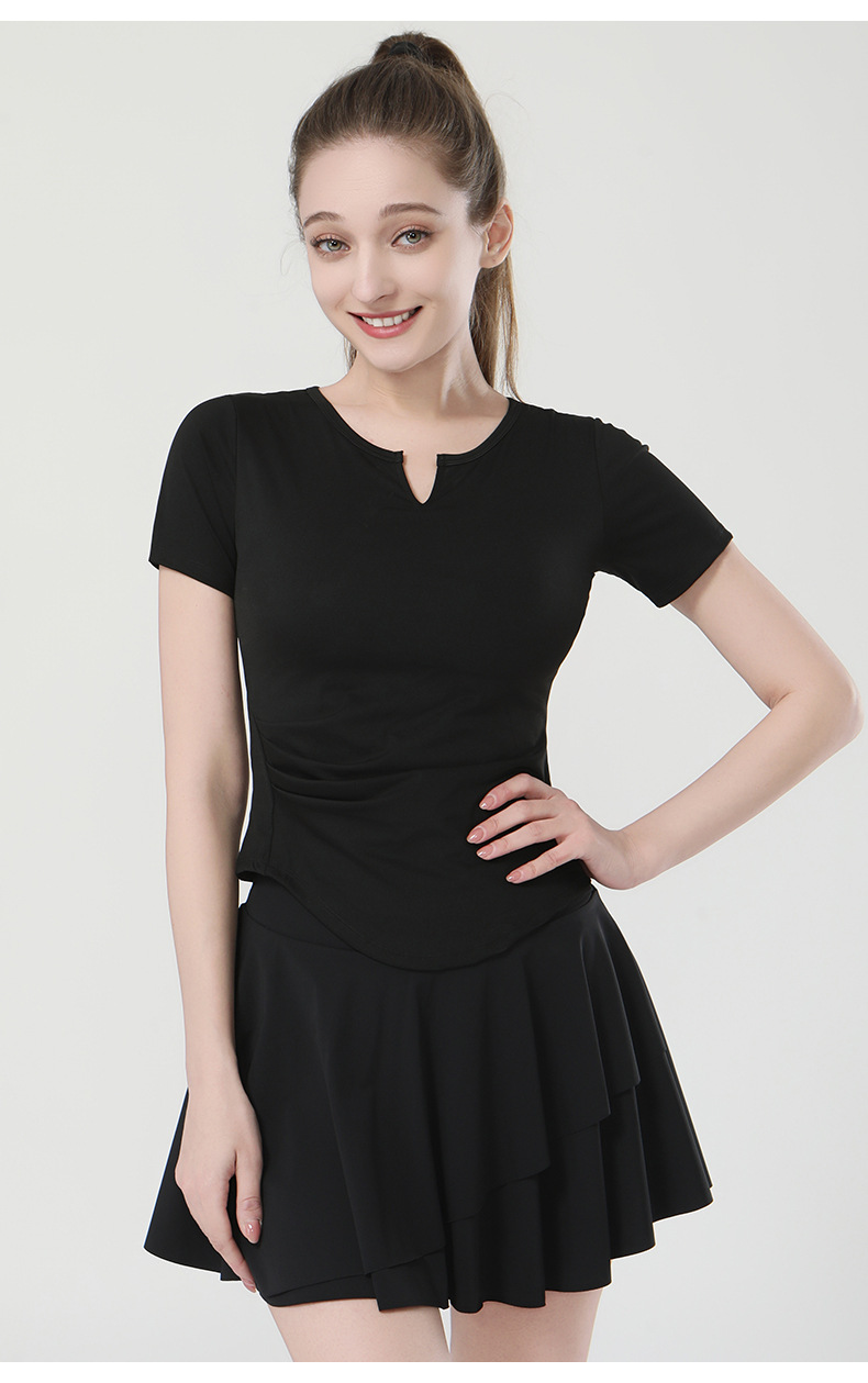 春季新款锦纶瑜伽T恤女带胸垫V领高弹短袖t恤时尚健身瑜伽上衣详情16