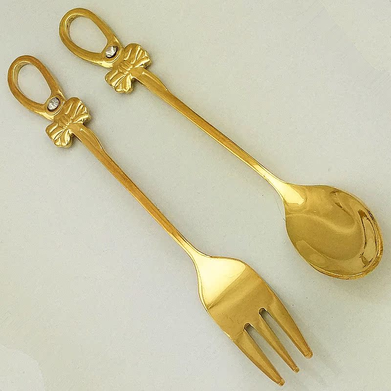Fashionable bow coffee spoon and fork set, diamond-encrusted stainless steel mirror-polished gold dessert spoon, 3-finger fork, 80 pic 31