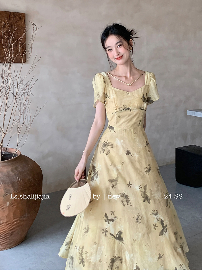 LS广州十三行春夏2024新品女装碎花度假优雅修身方领连衣裙51250#详情1