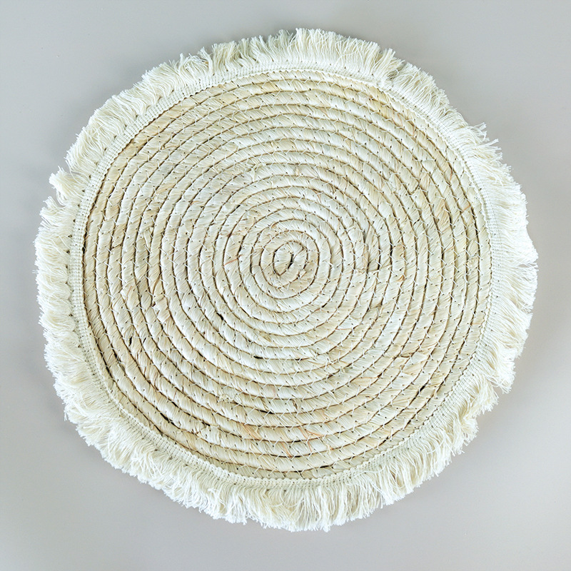 创意家居草编餐垫玉米皮绳编织圆形餐桌垫流苏边装饰垫加厚隔热垫详情7