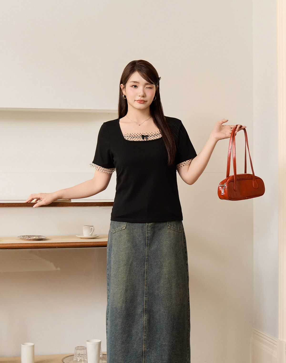 Light French style shoulder polka dot mesh patchwork top for plump girls, large size, slimming, versatile short-sleeved shirt 65378 pic 48