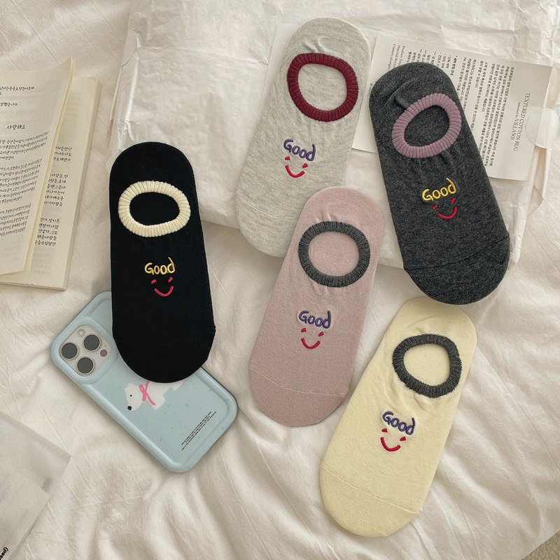 袜子女 春夏款刺绣笑脸字母精梳棉不掉跟时尚潮流ins可爱隐形船袜详情3