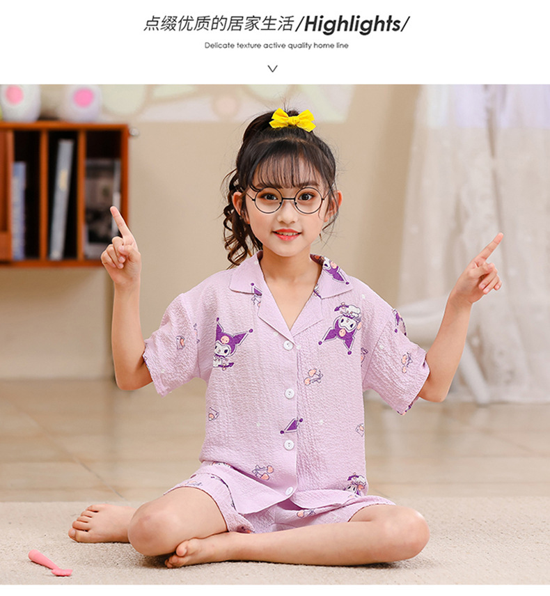 2023女童睡衣儿童夏季短袖短裤泡泡绉布套装女孩开衫大童家居服夏详情19