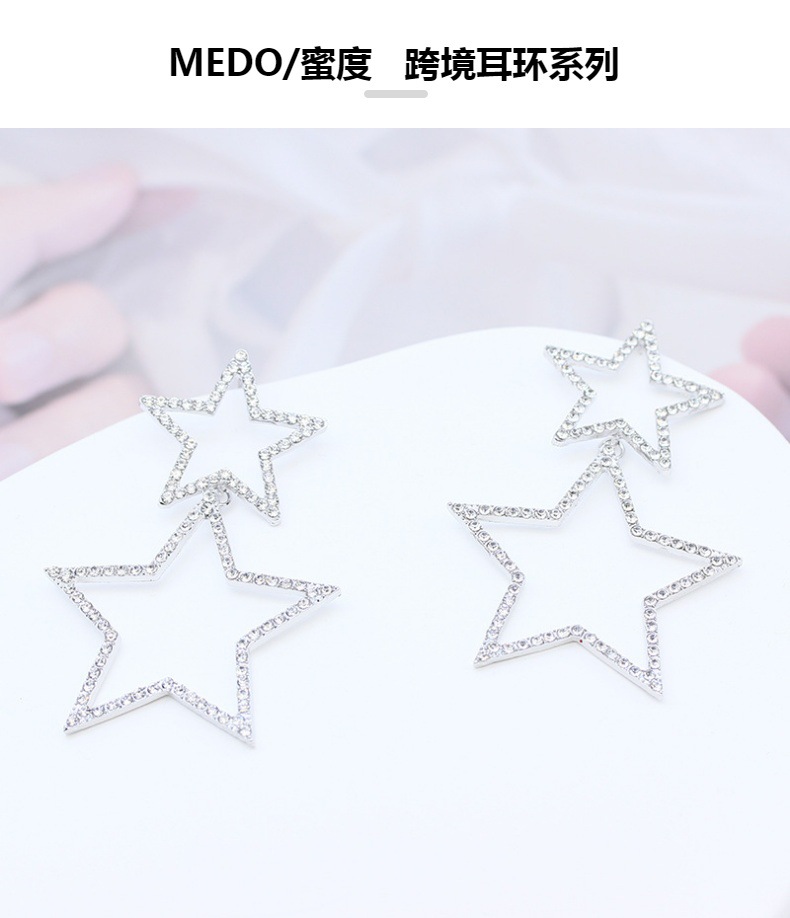 欧美镶钻镂空星星耳饰五角星双层夸张新娘耳坠女跨境新品原创耳环详情7