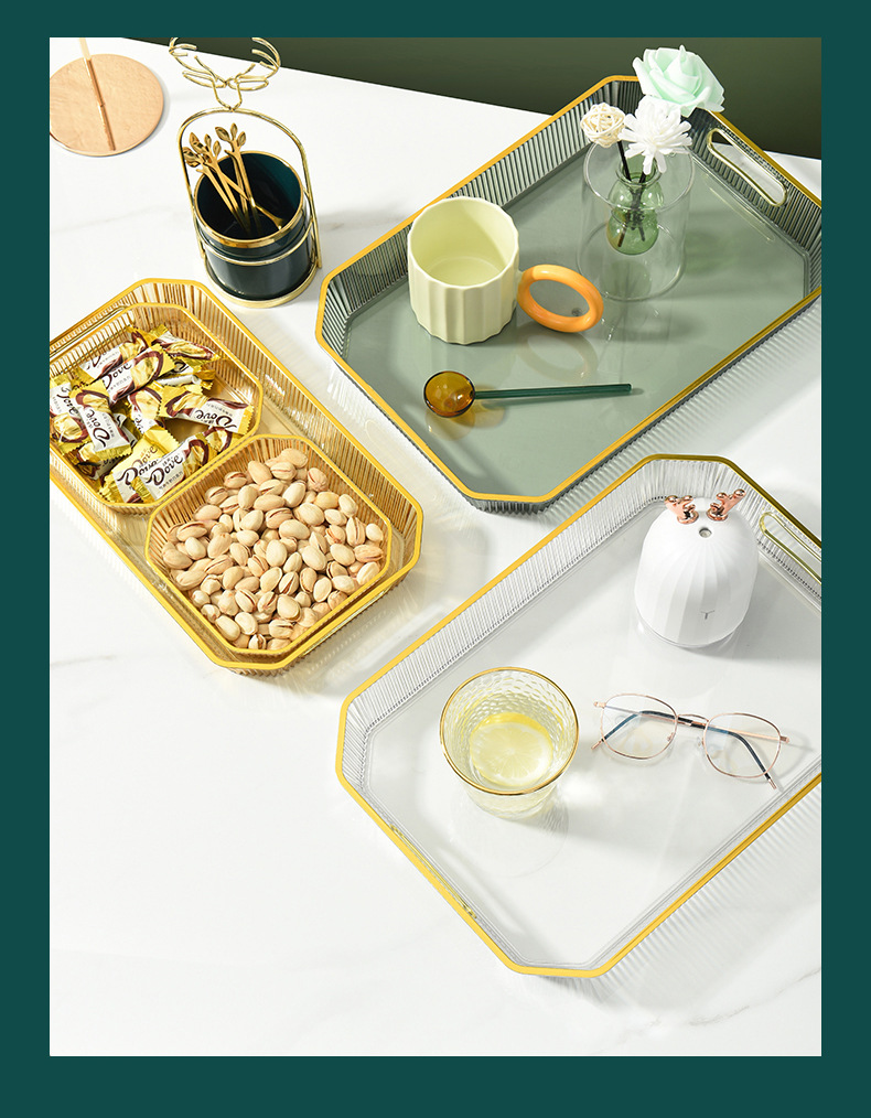 Nordic light luxury tray, household tea cups, water cups, tea tray, living room coffee table, transparent golden edge tray, rectangular dinner plate pic 9