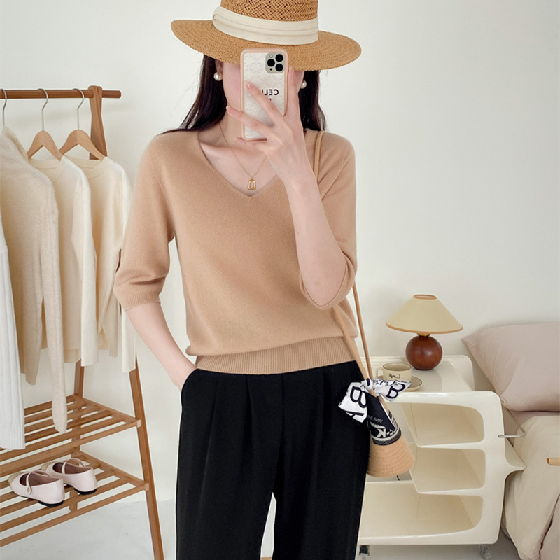 V-neck full wool knitted sweater for slimming and elegant look, seven-inch sleeve pullover wool sweater, sweater top #23127 pic 12