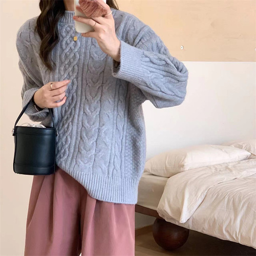 韩系纯色简约慵懒风麻花套头毛衣女秋冬款圆领长袖软糯打底针织衫详情12